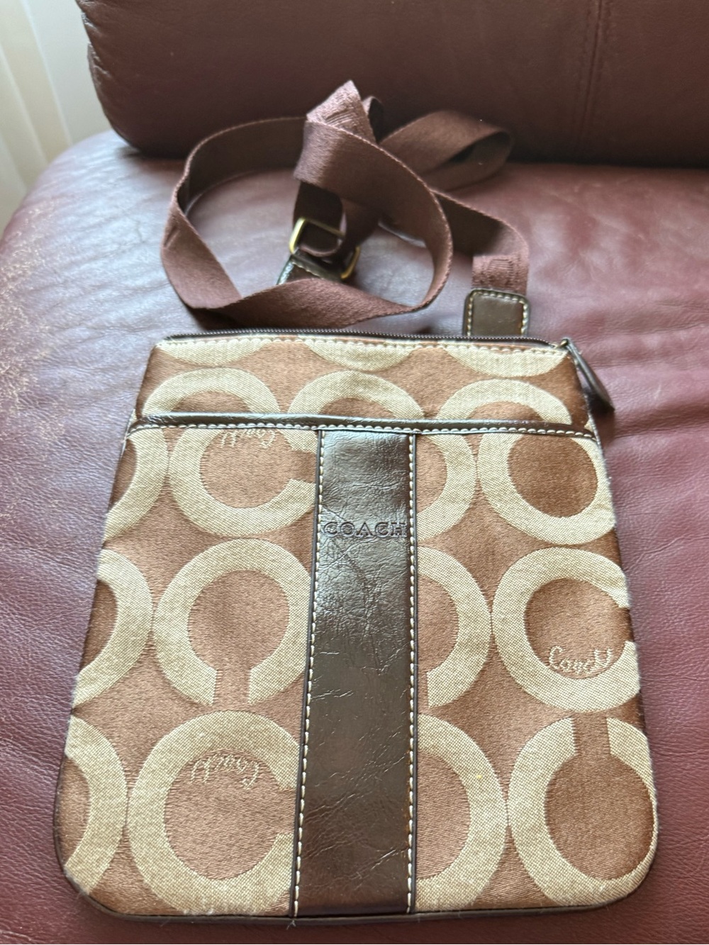 Coach Brown Signature Circle Pattern Crossbody Bag